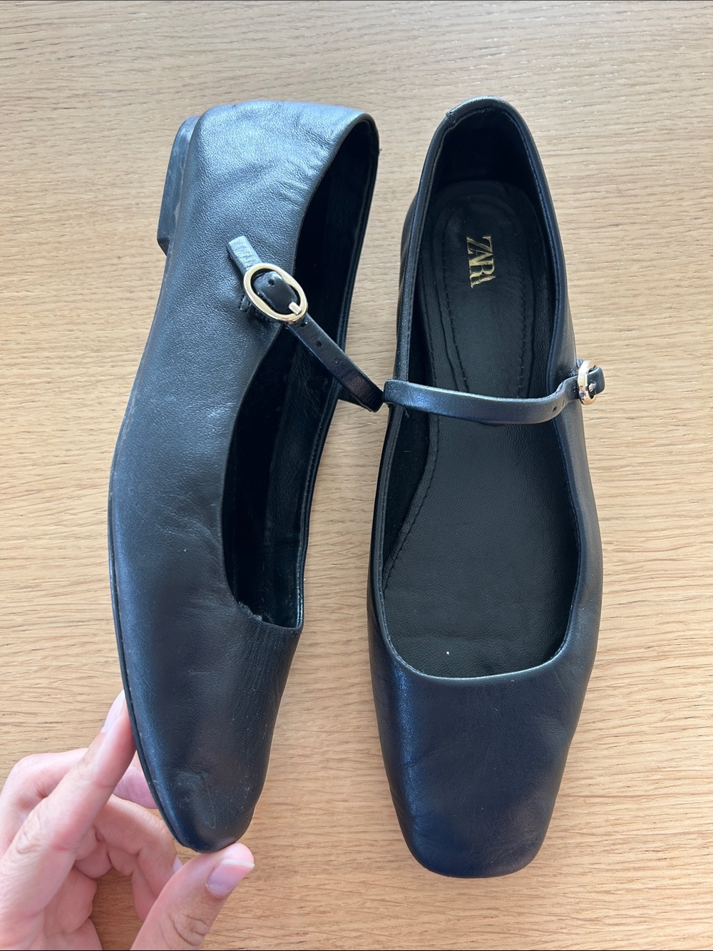 Zara Black Leather Mary Jane Flats with Gold Buckle